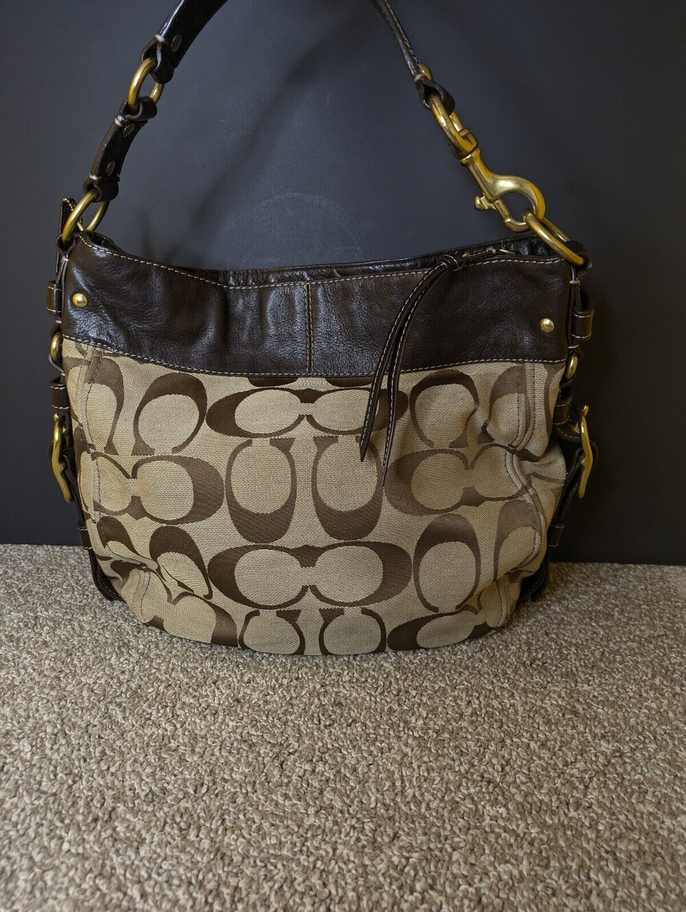 Coach Zoe Y2K Hobo Shoulder Bag Khaki Monogram Canvas Brown Leather Purse